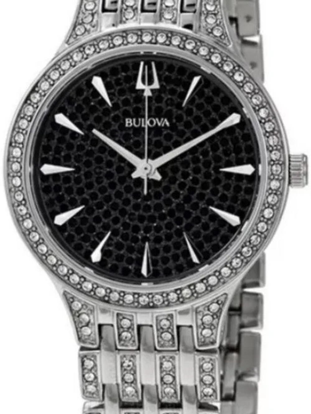 Bulova Silver Watch with Black Textured Dial and Crystal Accents